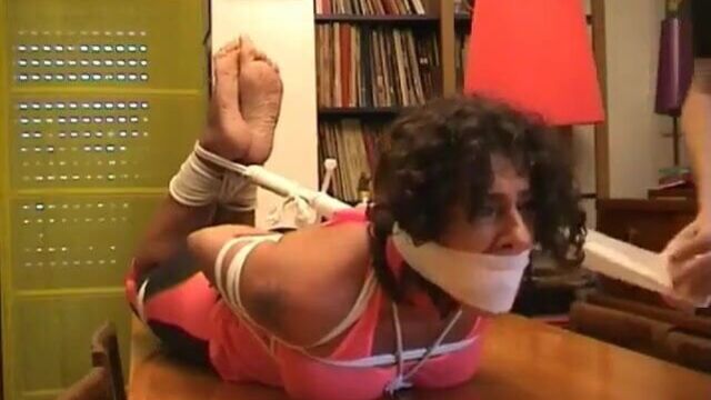 Mature hogtied barefoot, re-gagged