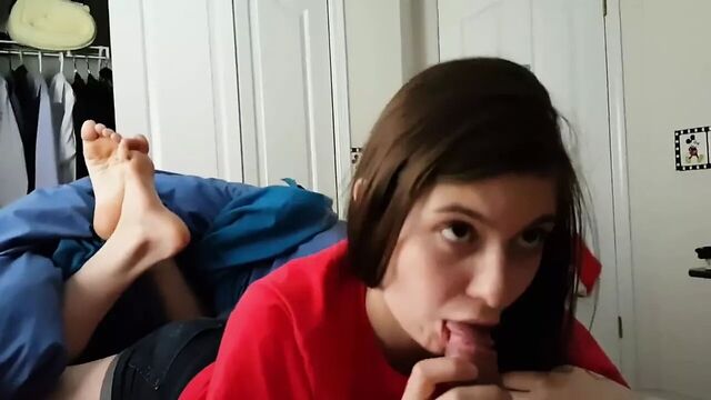 Cute girl sucks uncut dick. Swallows