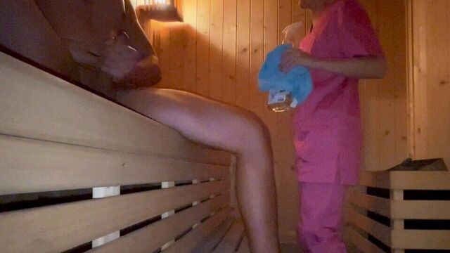 The spa cleaner catches me touching myself in the sauna and helps me finish cumming