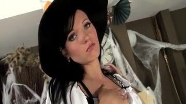 Babe in a costume and sexy lingerie for Halloween