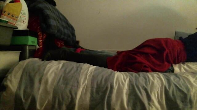Thigh high leather boots on bed humping
